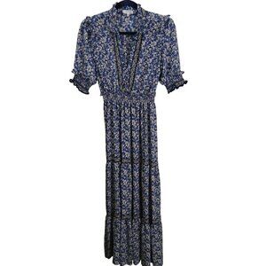 Max Studio Floral Tiered Maxi Dress Blue Yellow Ruffled Ribbon Detail Size S